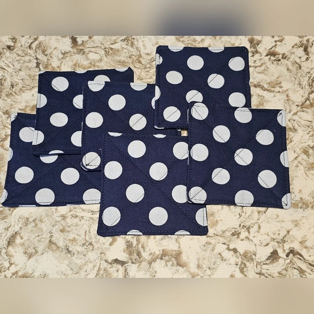 Handmade Blue Polka Dot Cotton Washable Reusable Square Set Of 6 Fabric Caosters